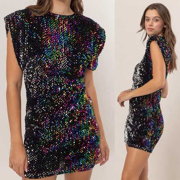 *BLACK FRIDAY SALE* Sparkle The Night Away Multicolor Sequin Velvet Mini Dress - Picture 3 of 5